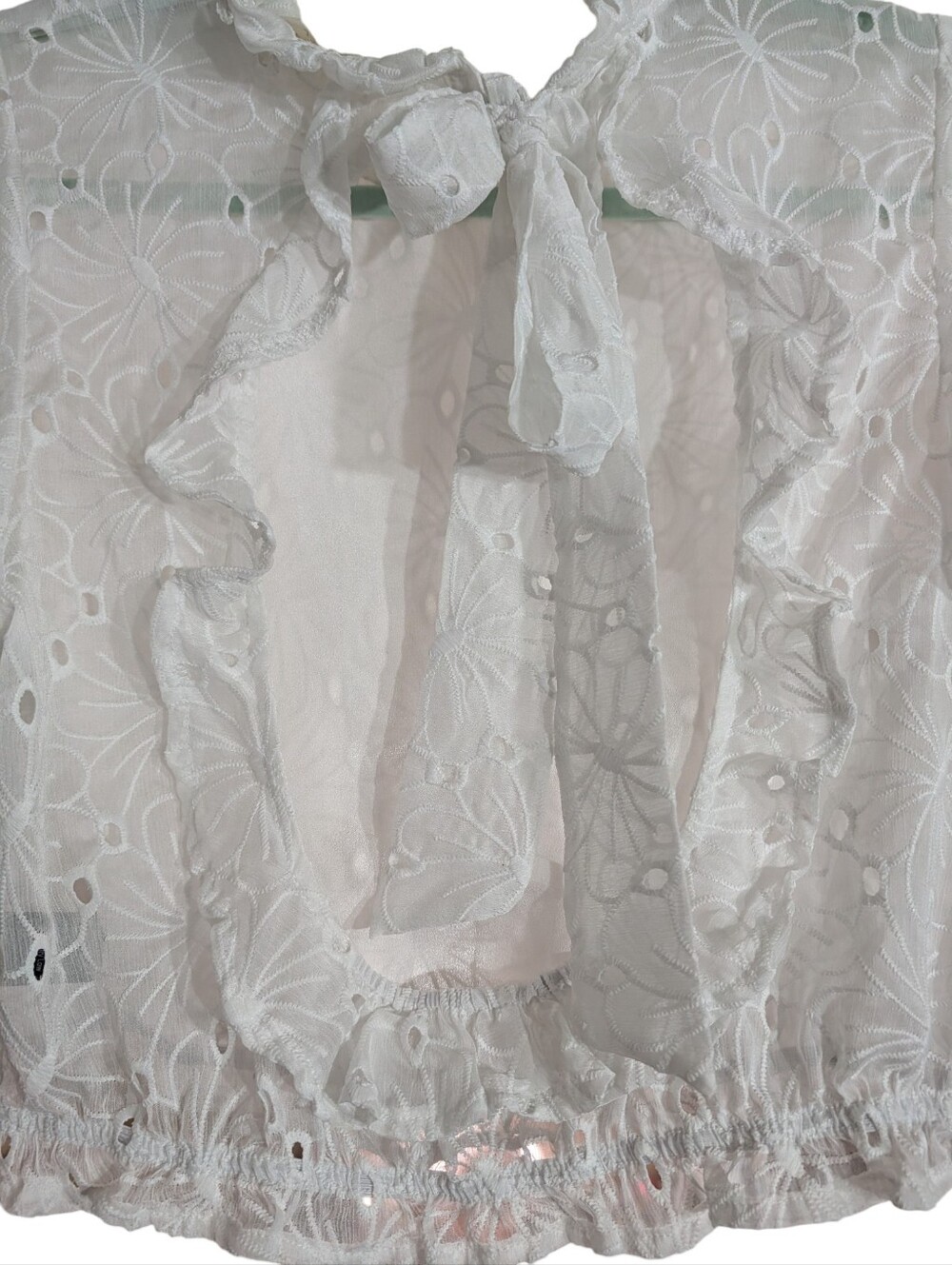 Altar'd State White Floral Eyelet Ruffle Tie-Back Crop Blouse | Cottagecore Boho - Picture 9 of 12